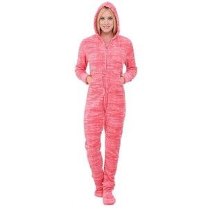 Alexander Del Rossa ADR Women's One Piece Hooded Footed Zipper Pajamas Pink L